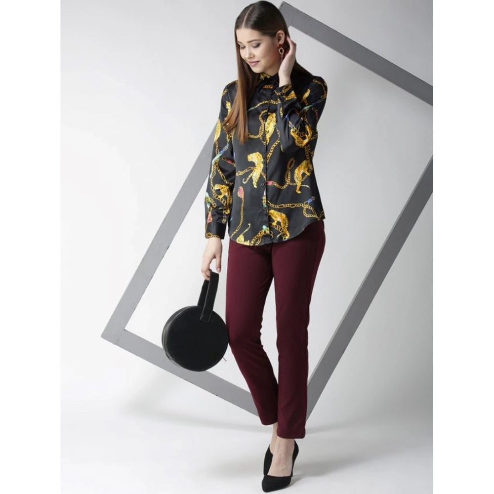 Women's Satin Printed Long Sleeves Standard Length Shirt (black Gold) | Women Signature Collection