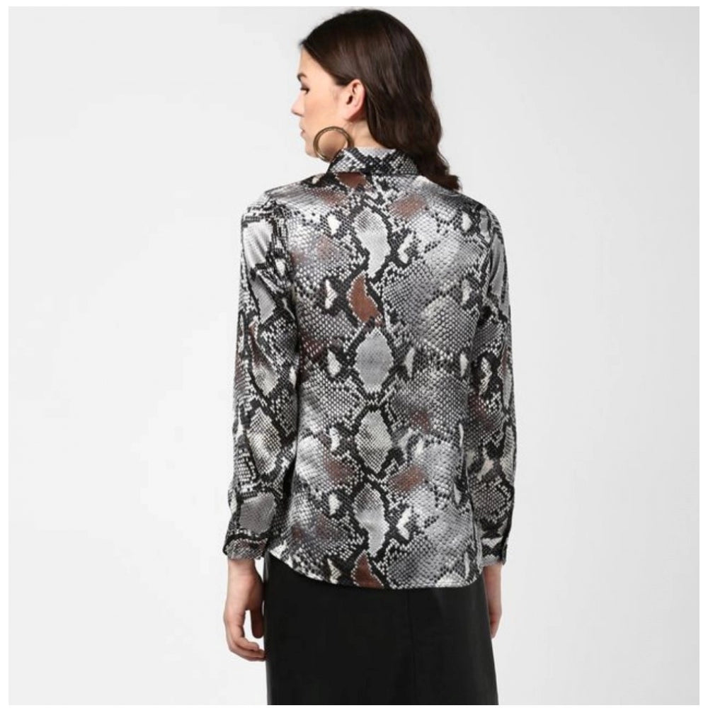 Women's Satin Animal Print Long Sleeves Standard Length Shirt (black Grey) | Women Signature Collection