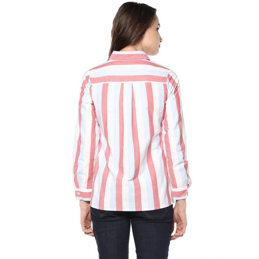 Women's Cotton Striped Roll Up Sleeve Regular Top (red) | Women Signature Collection