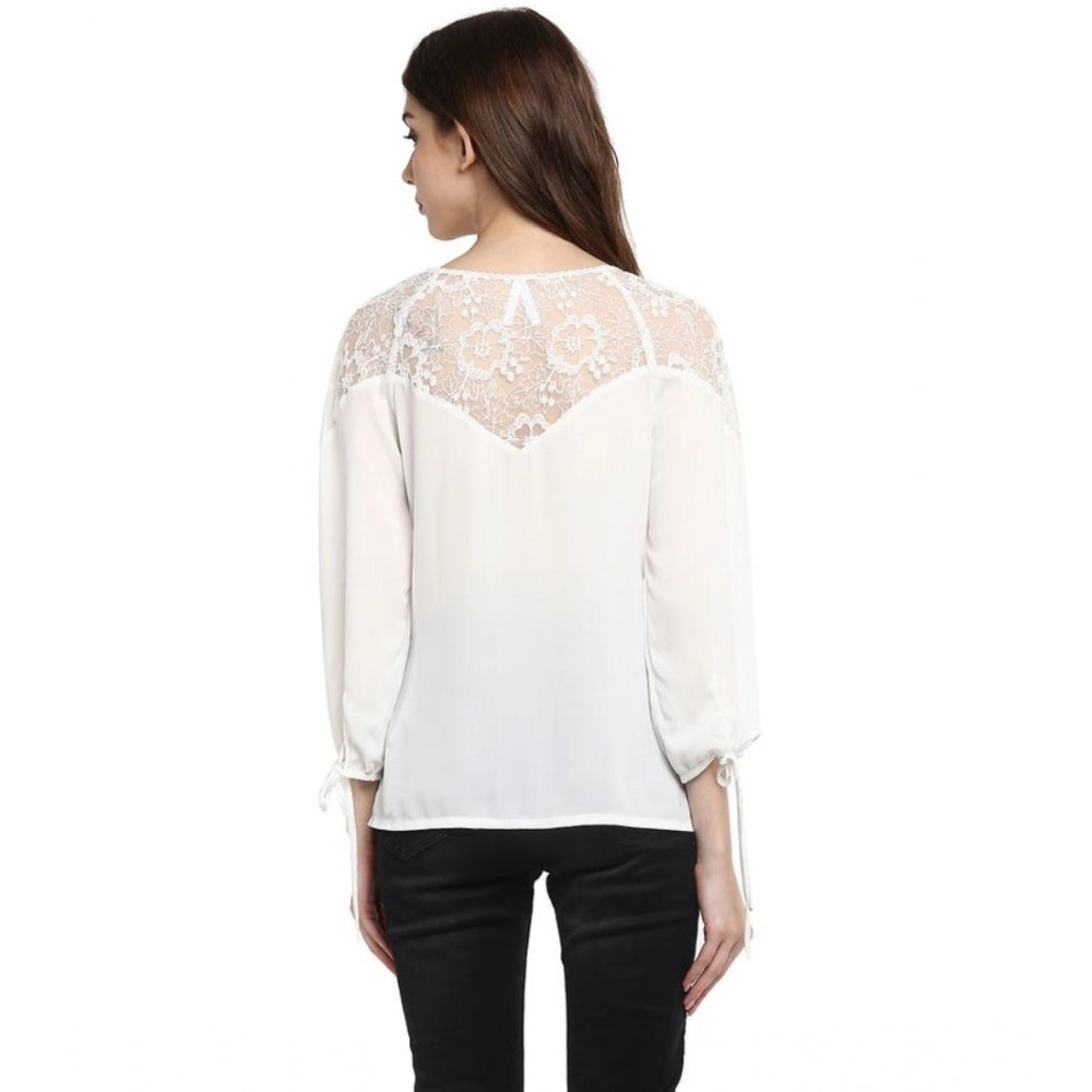 Women's Polyester Georgette Self Design 3 4th Sleeves Regular Top (white) | Women Signature Collection