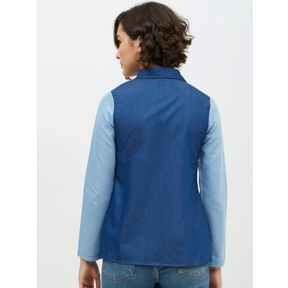 Women's Denim Patch Work Long Sleeves Standard Length Shirt (blue) | Women Signature Collection