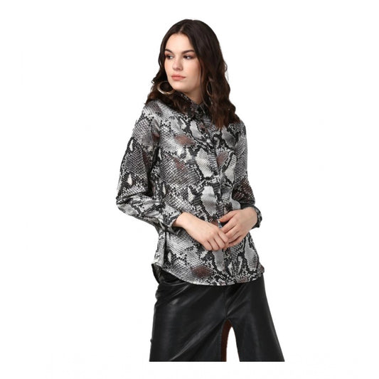Women's Satin Animal Print Long Sleeves Standard Length Shirt (black Grey) | Women Signature Collection