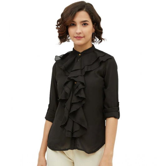 Women's Polyester Ruffled Long Sleeves Standard Length Shirt (black) | Women Signature Collection