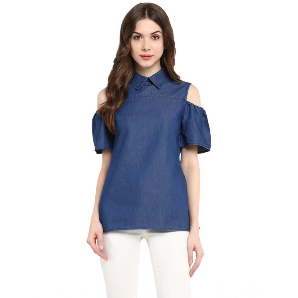 Women's Denim Solid Cold Shoulder Regular Top (blue) | Women Signature Collection