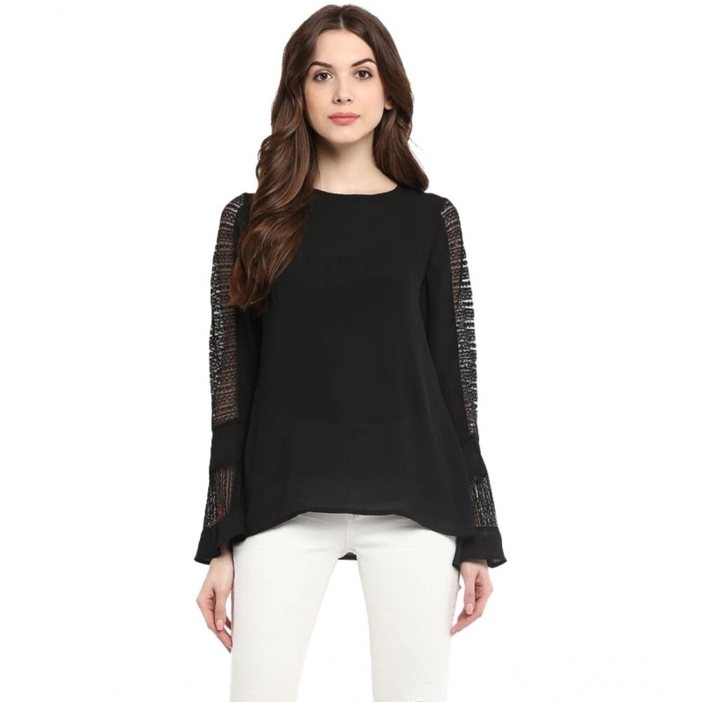 Women's Polyester Georgette Self Design Bell Sleeve Regular Top (black) | Women Signature Collection