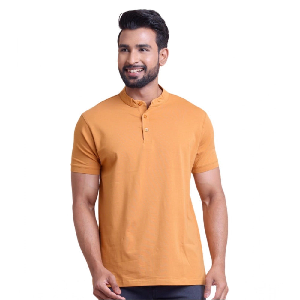 Men's Casual Cotton Solid Half Sleeve Mandarin Collar T Shirt (brown) | Men Signature Collection