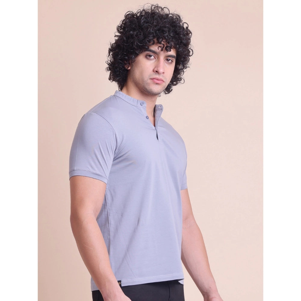 Men's Casual Cotton Solid Half Sleeve Mandarin Collar T Shirt (teegrey) | Men Signature Collection