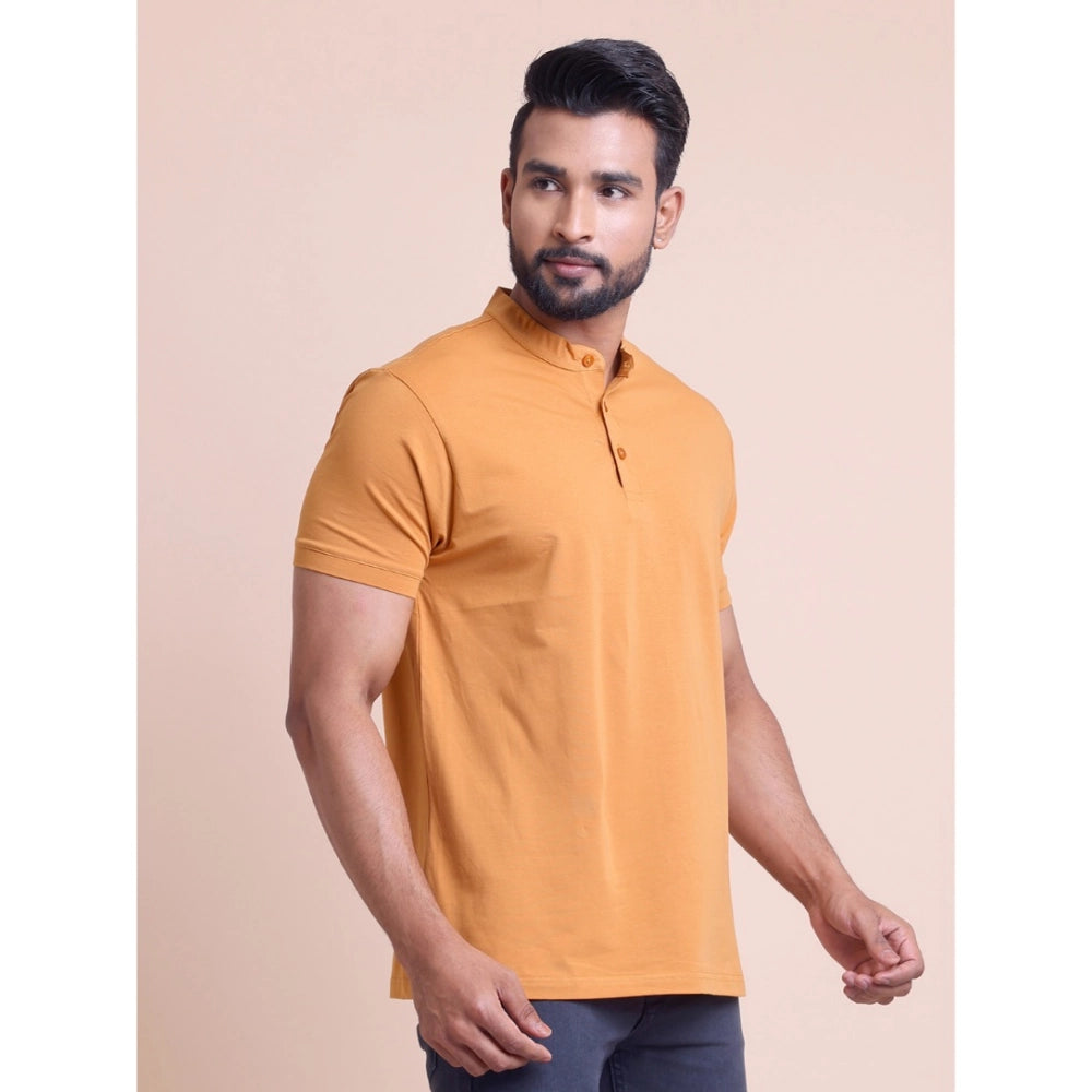 Men's Casual Cotton Solid Half Sleeve Mandarin Collar T Shirt (brown) | Men Signature Collection