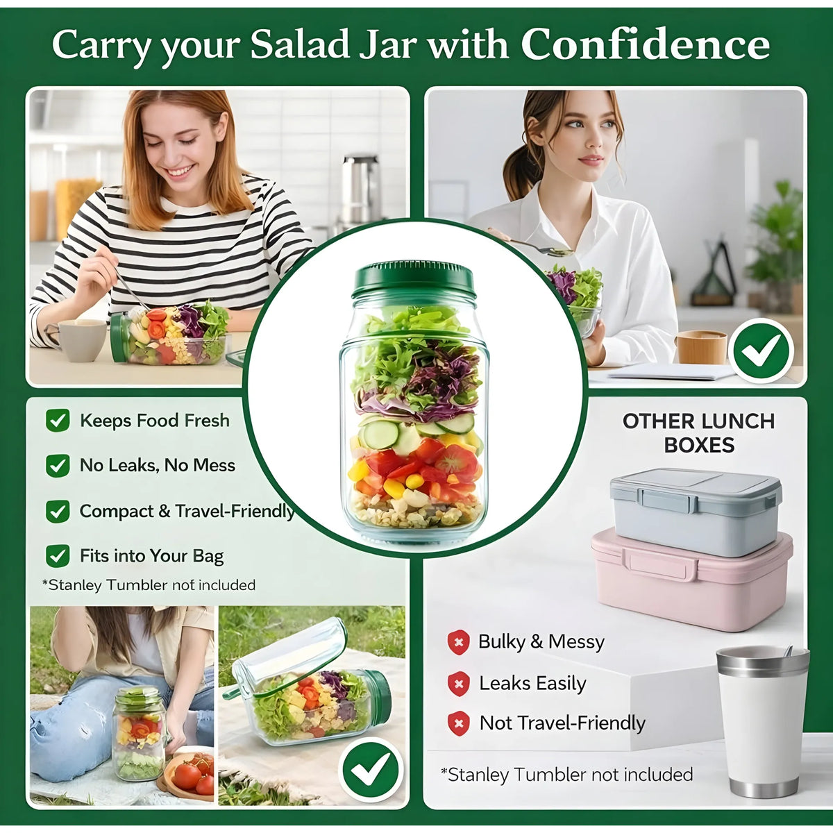 Plastic Salad Container With Dressing Cup (Green)