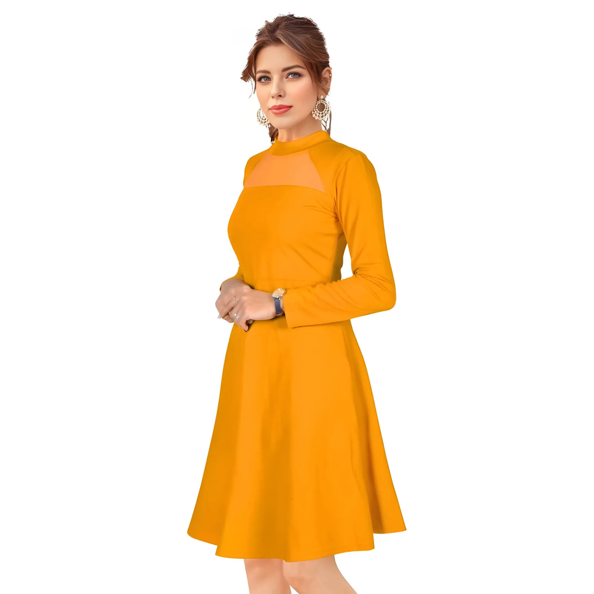 Women's Knitting stretchable Solid Round Neck Full Sleeve Dress (Yellow)