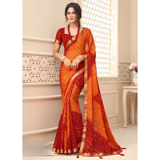 Women's Georgette Bandhani Printed Saree With Unstitched Blouse 5.5Mtr (Orange-Red)
