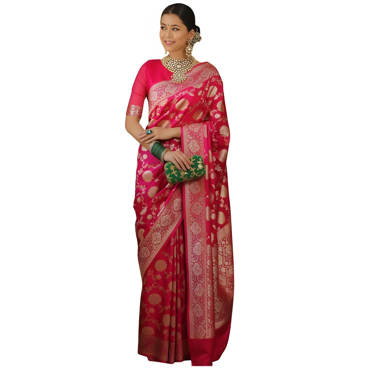 Women's Jacquard Printed Saree With Unstitched Blouse 5.5Mtr (Pink)