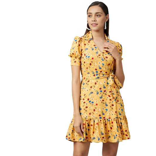 Women's Polyester Floral Short Sleeve Above Knee Dress (yellow) | Women Signature Collection