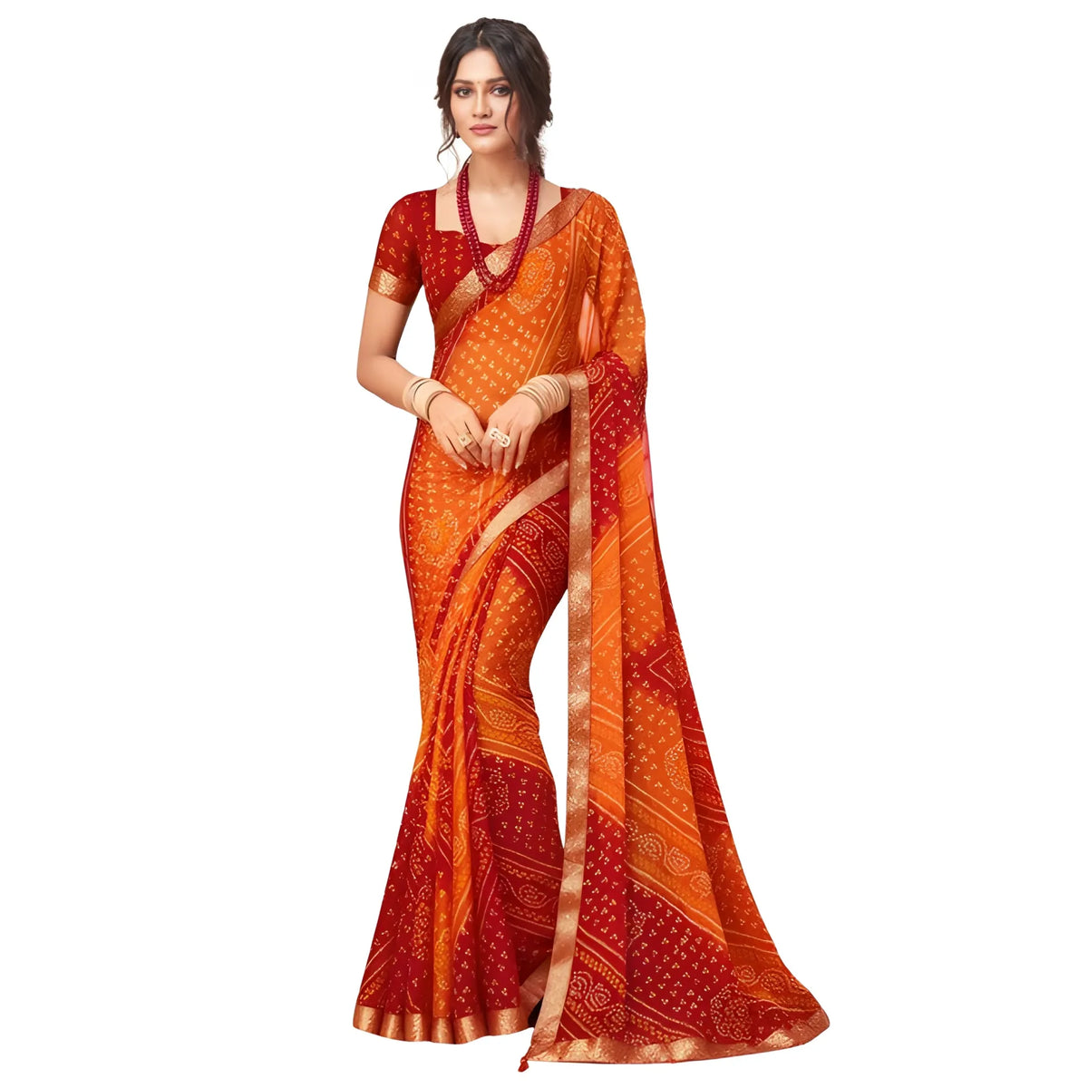 Women's Georgette Bandhani Printed Saree With Unstitched Blouse 5.5Mtr (Orange-Red)