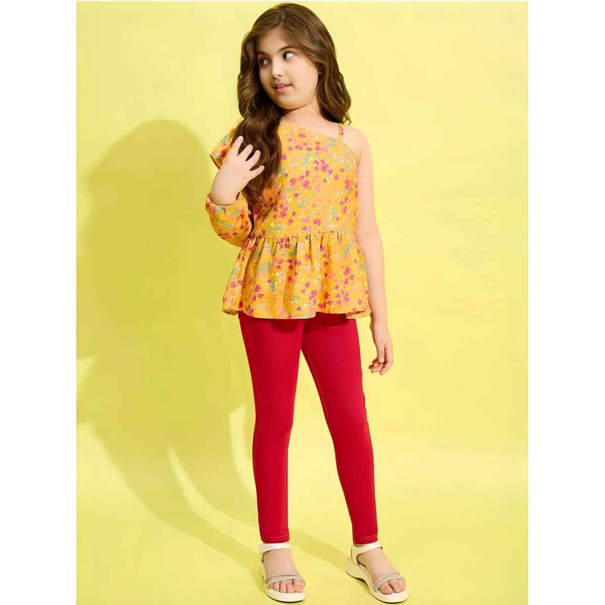 Girl's Polyester Floral One Shoulder Jeggings Set (yellow Red) | Kids Signature Collection