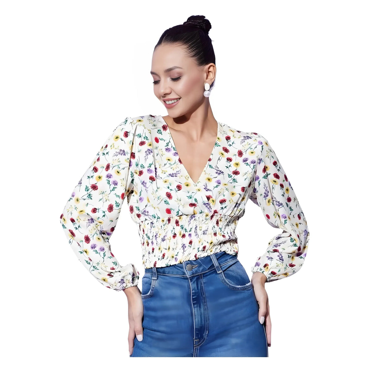 Women's Polyester Floral Long Sleeves Top (Multicolor)