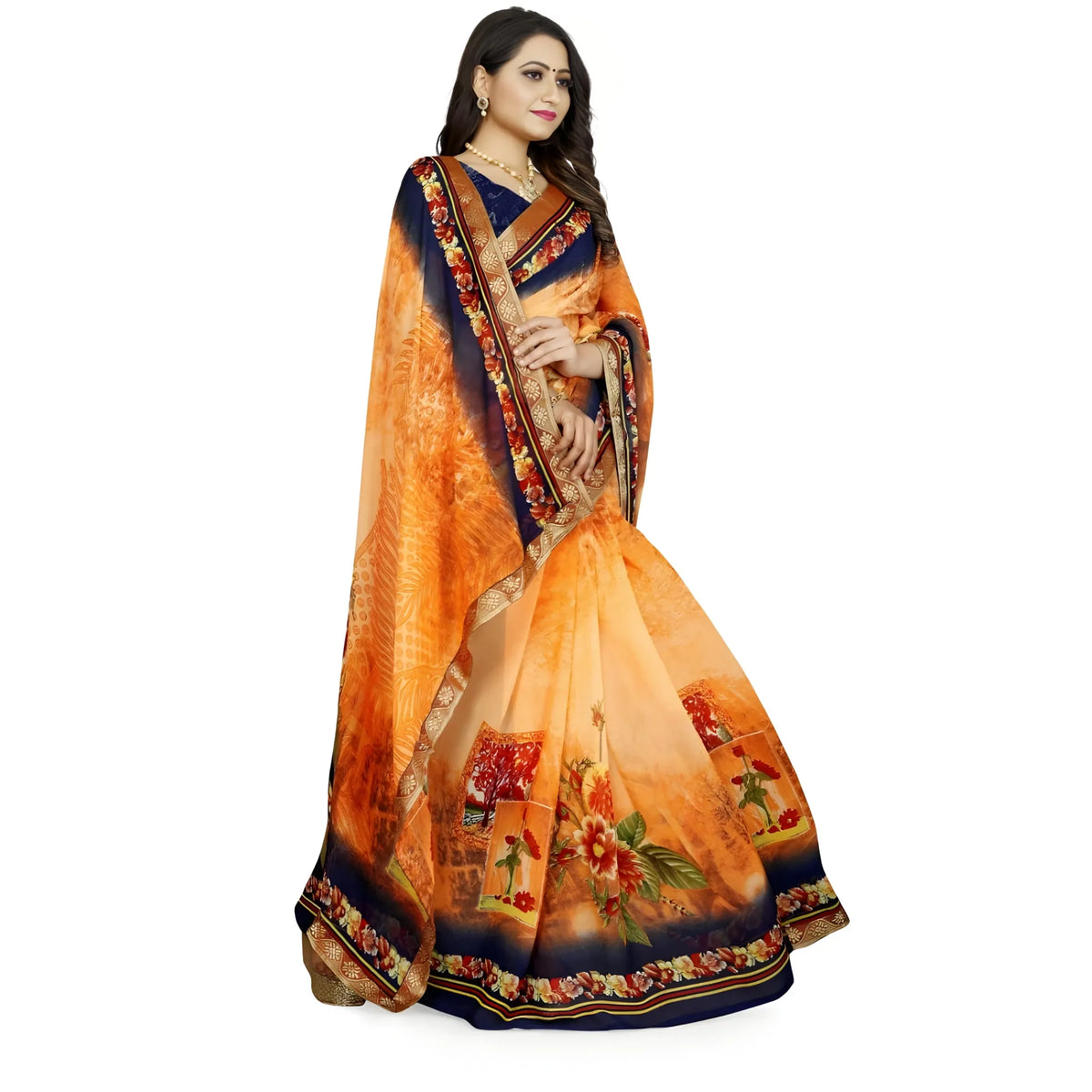 Women's Georgette Floral Print Saree With Unstitched Blouse 5.5Mtr (Blue-Orange)