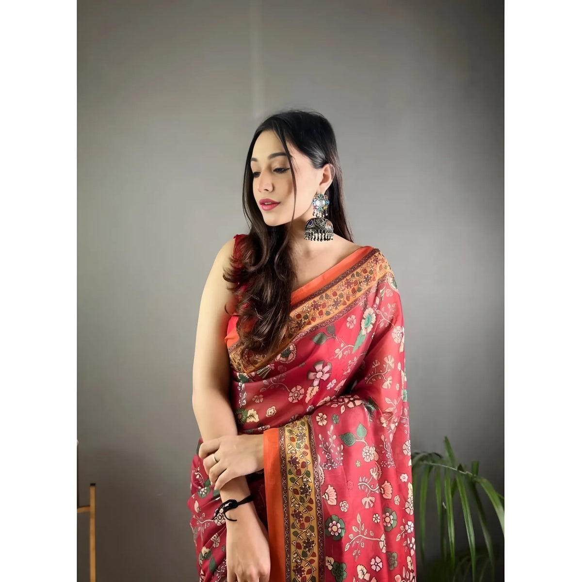 Women's Linen Printed Saree With Unstitched Blouse 5.5Mtr  (Red)