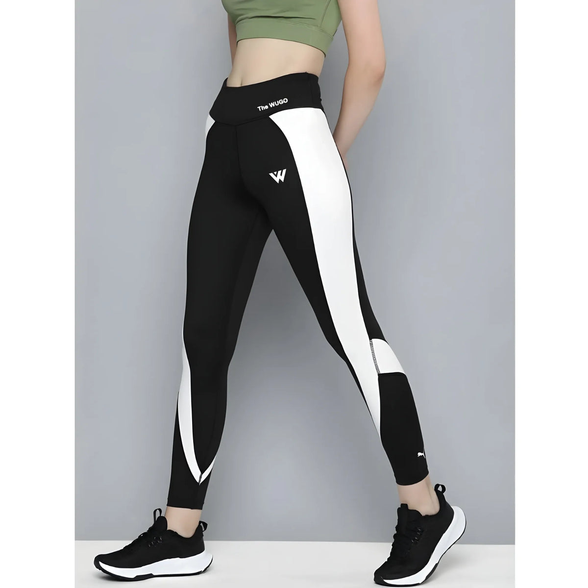 Women's Polyster Solid Sport Leggings (Black &amp; White)
