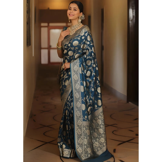 Women's Jacquard Printed Saree With Unstitched Blouse 5.5Mtr (Teal)