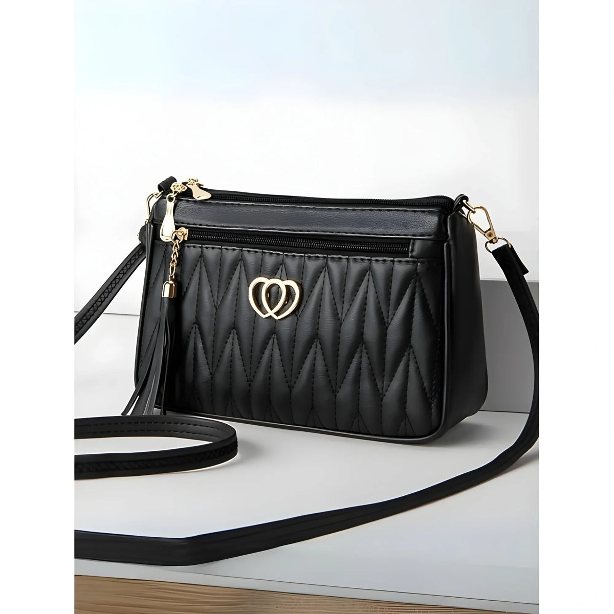 Women's PU Leather Zipper Sling Bag (Black)