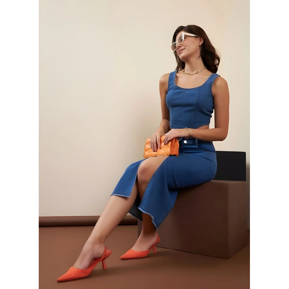 Women's Denim Lycra Solid Button Skirt (blue) | Women Signature Collection