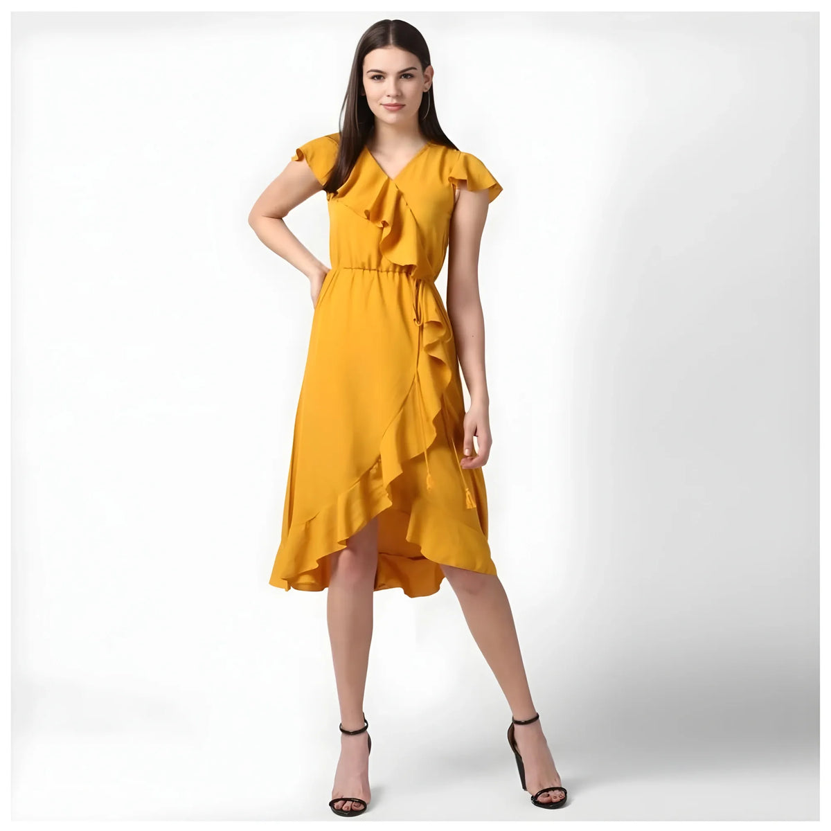 Women's Polyester Ruffled Cap Sleeve Knee Length Dress (yellow) | Women Signature Collection