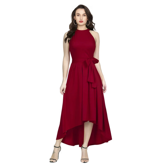 Women's Polyster Solid Halter Neck Sleeveless Dress (maroon) | Women Signature Collection