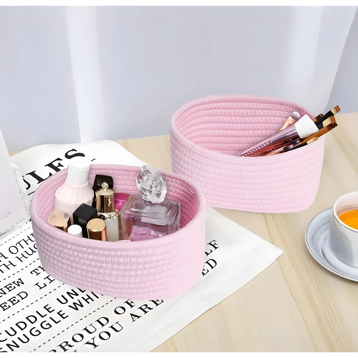 Cotton 8x3 Inch Round 2 Set Bedside Organizer With Out Lid (Pink)