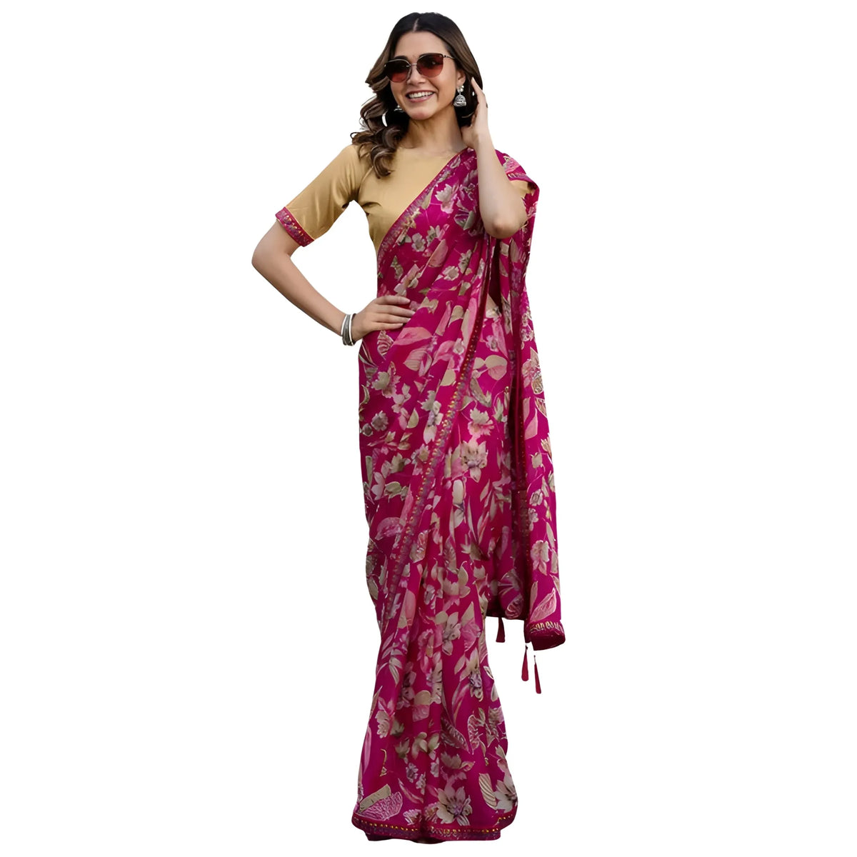 Women's Georgette Floral Printed Saree With Unstitched Blouse 5.5Mtr (Magenta)