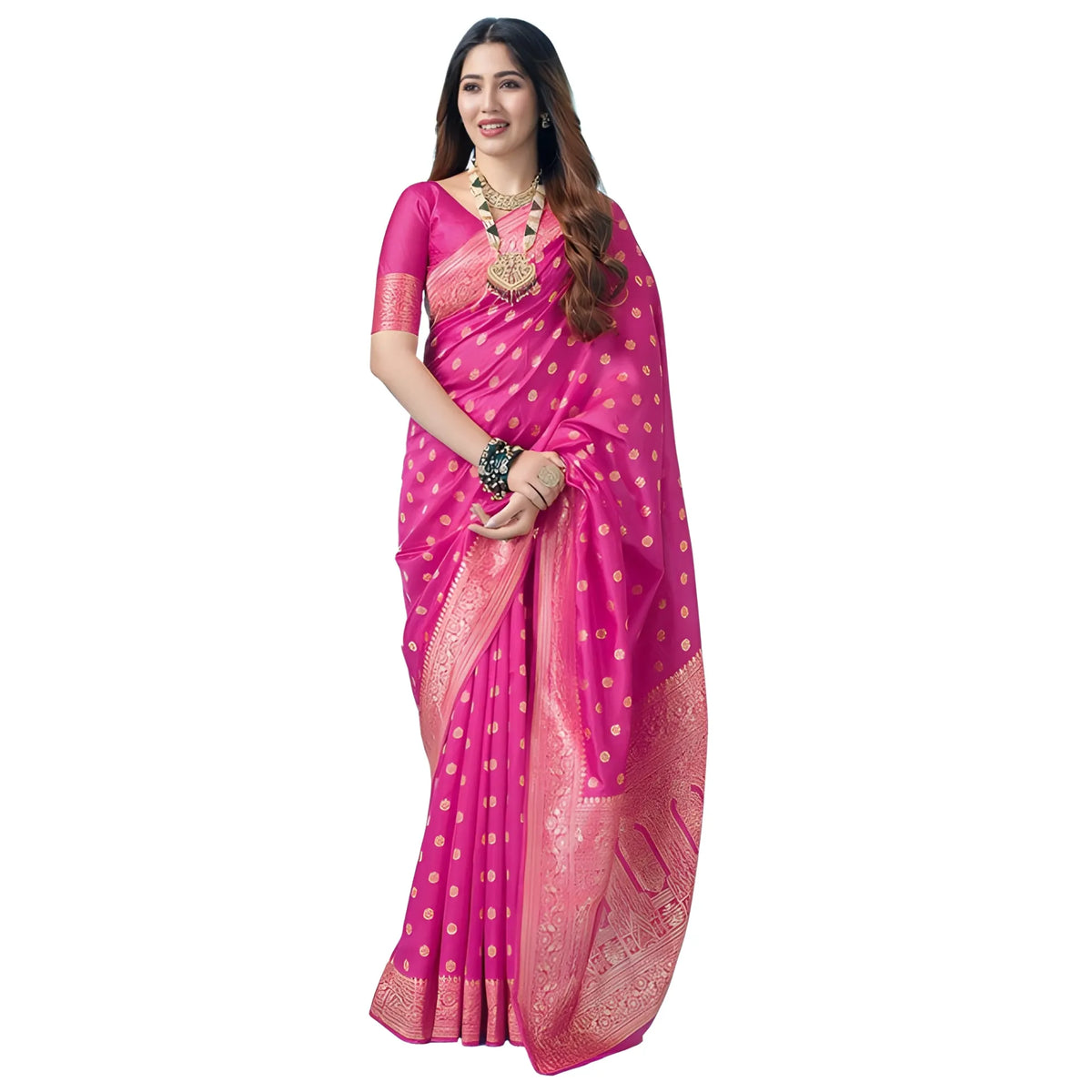 Women's Jacquard Printed Saree With Unstitched Blouse 5.5Mtr (Pink)