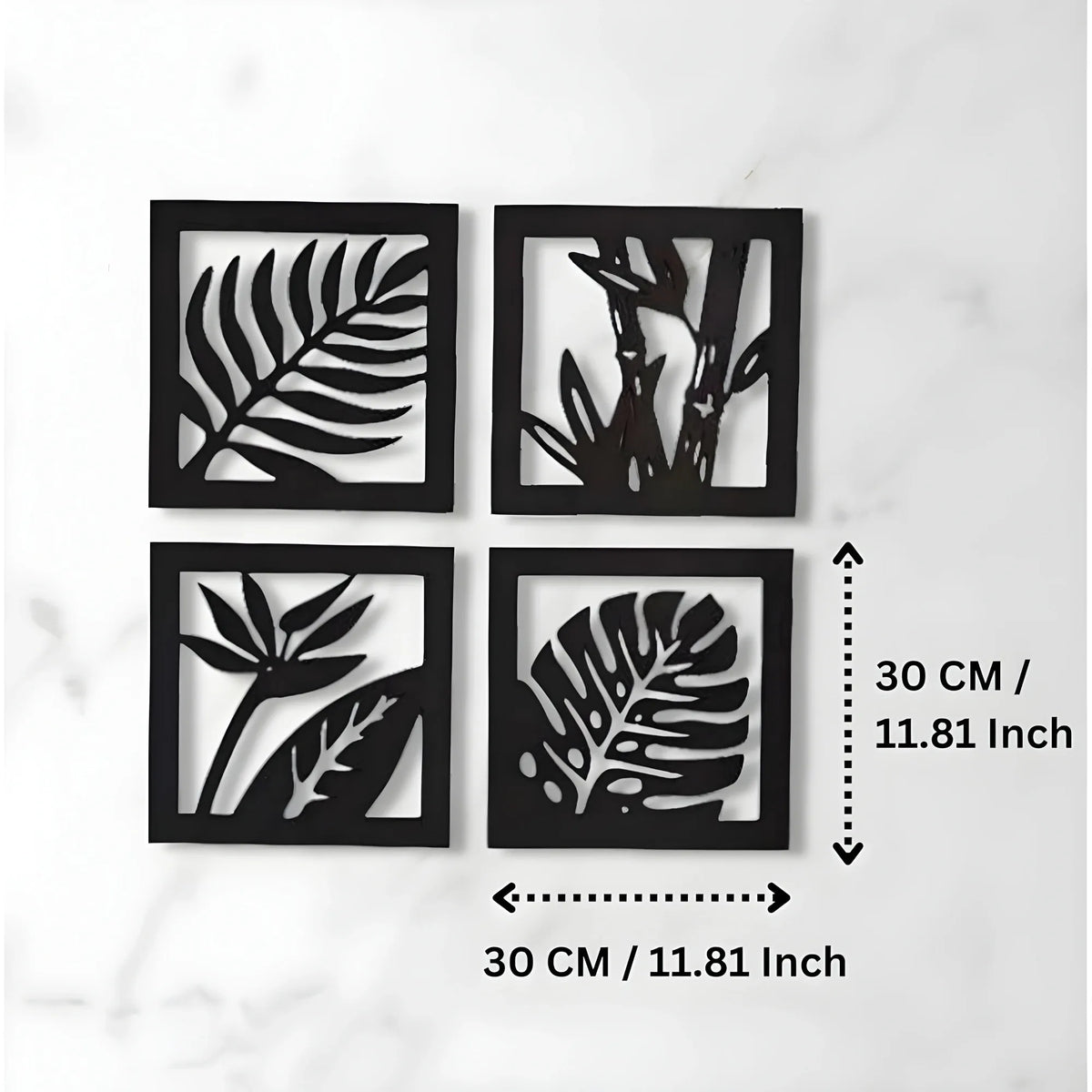 7 Decore Wooden 4 Pieces Square Tree Leaf Wall Art Panel Frame – Black (Big Size)