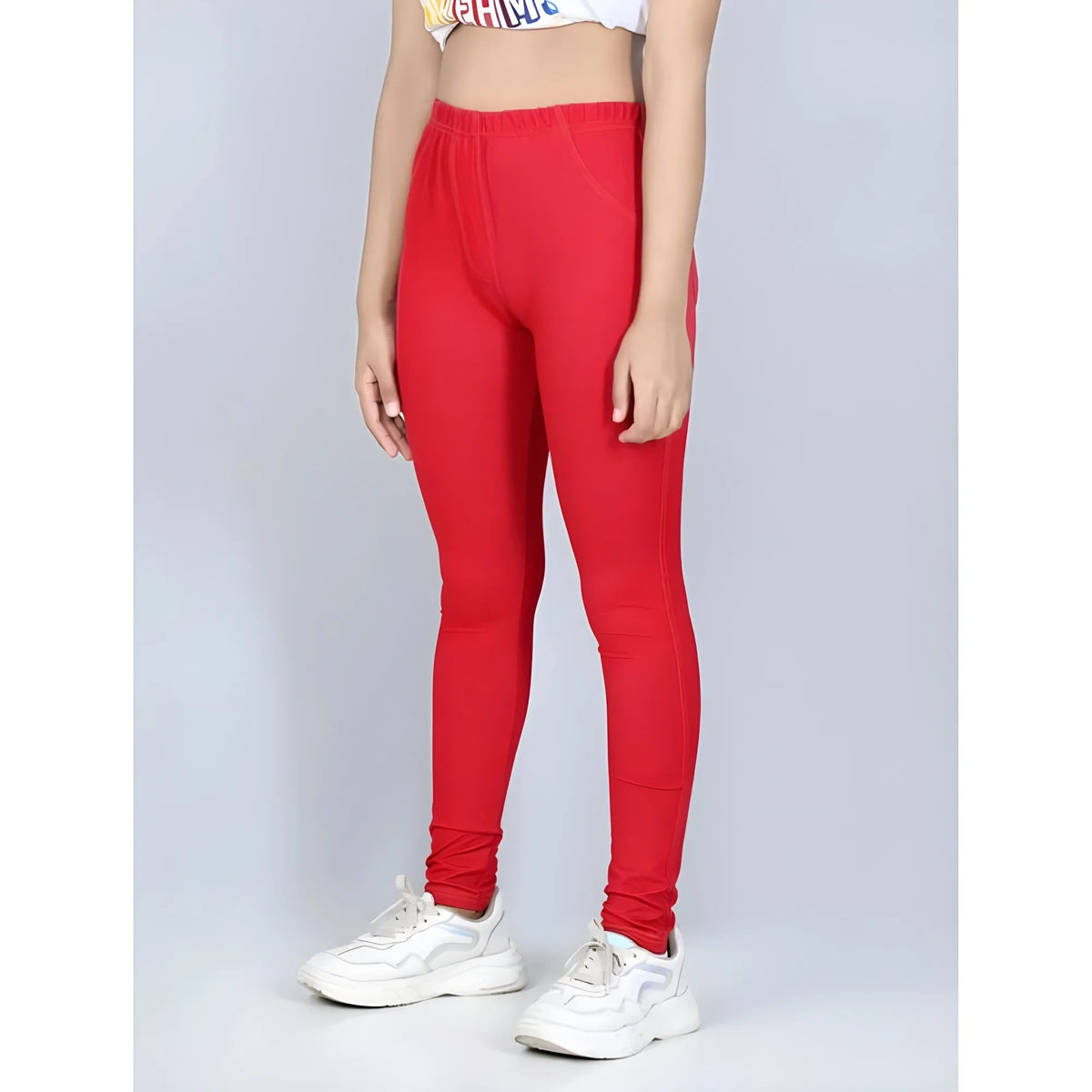 Girl's Cotton Lycra Solid Elasticated Jeggings (Red)