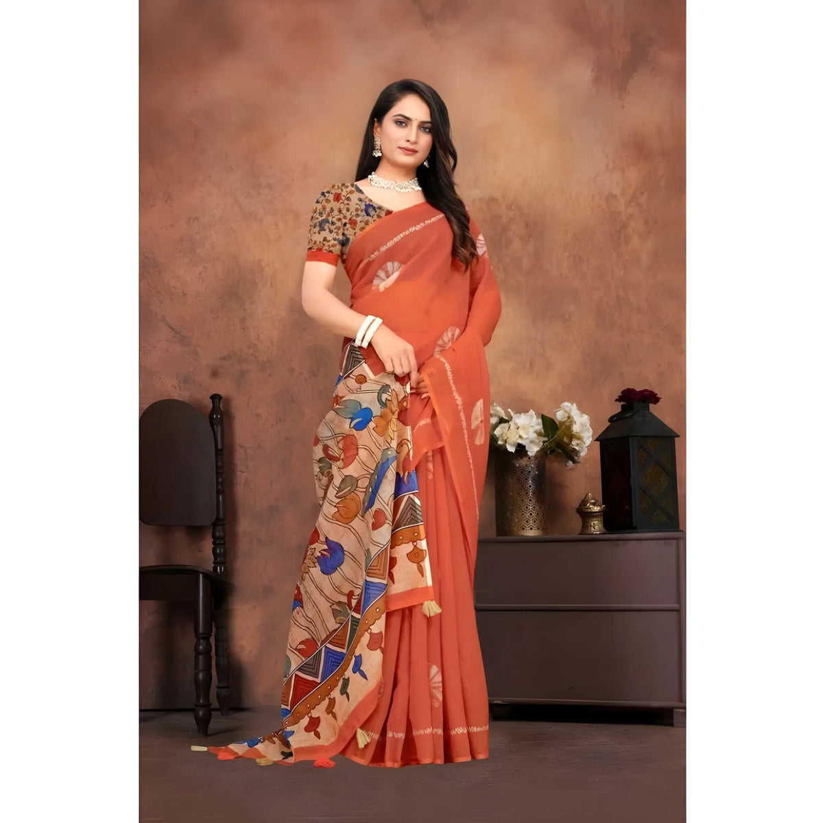 Women's Linen Printed Saree With Unstitched Blouse 5.5Mtr (Red)