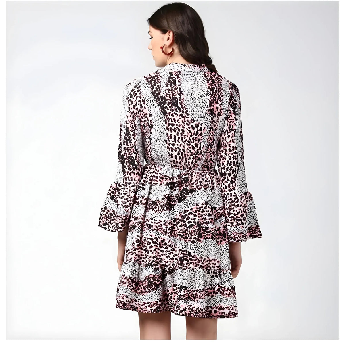 Women's Polyester Animal Print Bell Sleeve Above Knee Dress (pink Black) | Women Signature Collection