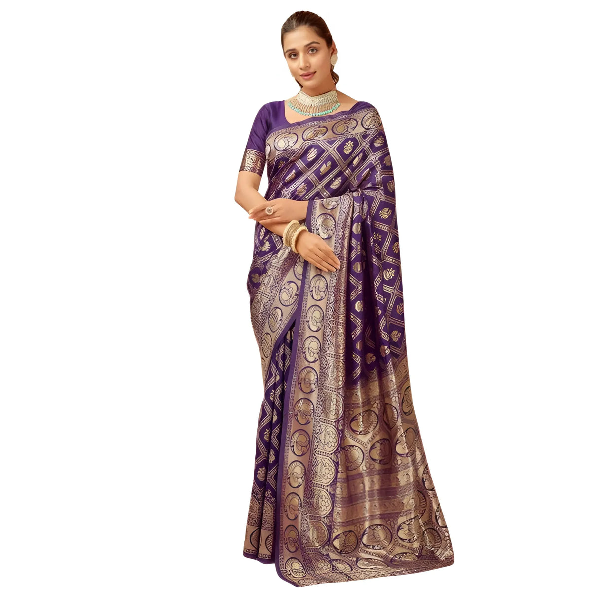 Women's Jacquard Printed Saree With Unstitched Blouse 5.5Mtr (Purple)