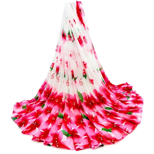 Women's Georgette Floral Printed Saree With Unstitched Blouse 5.5Mtr (White-Pink)