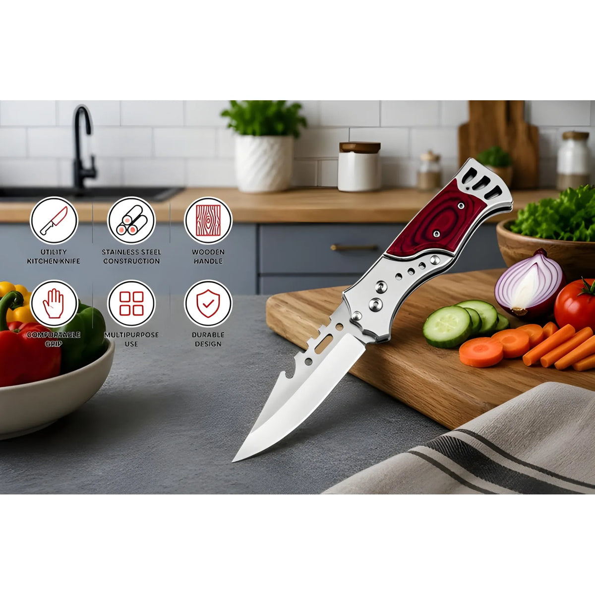 Stainless Steel, Wood Knife With Wooden Handle (Silver-Brown)