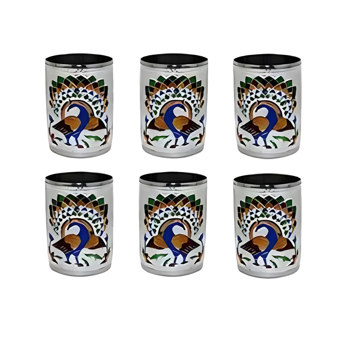 Steel Meenakari Peacock Design Decorative Glass Set (Silver)
