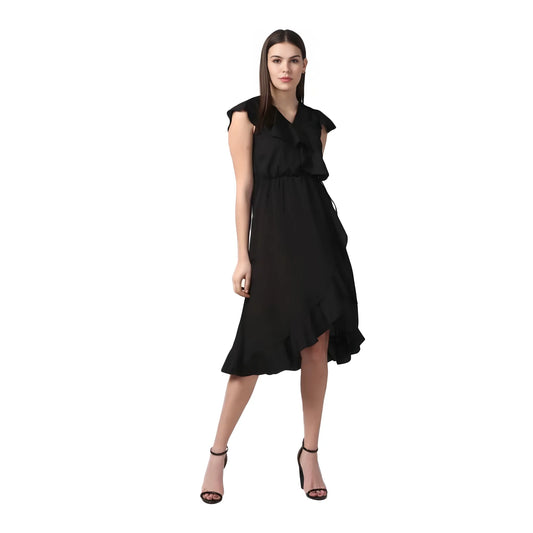 Women's Polyester Ruffled Cap Sleeve Knee Length Dress (black) | Women Signature Collection