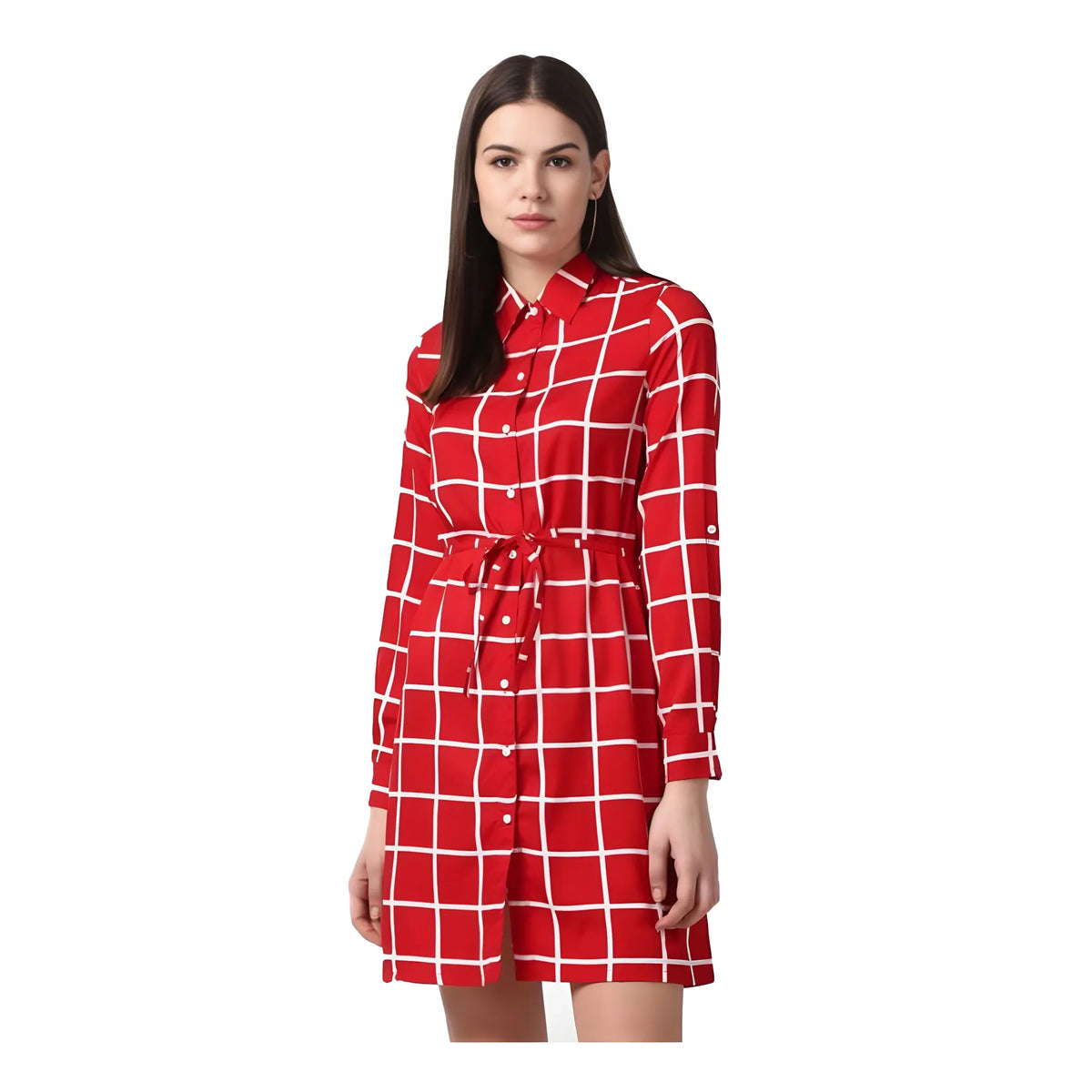 Women's Polyester Checkered Long Sleeves Above Knee Dress (red) | Women Signature Collection