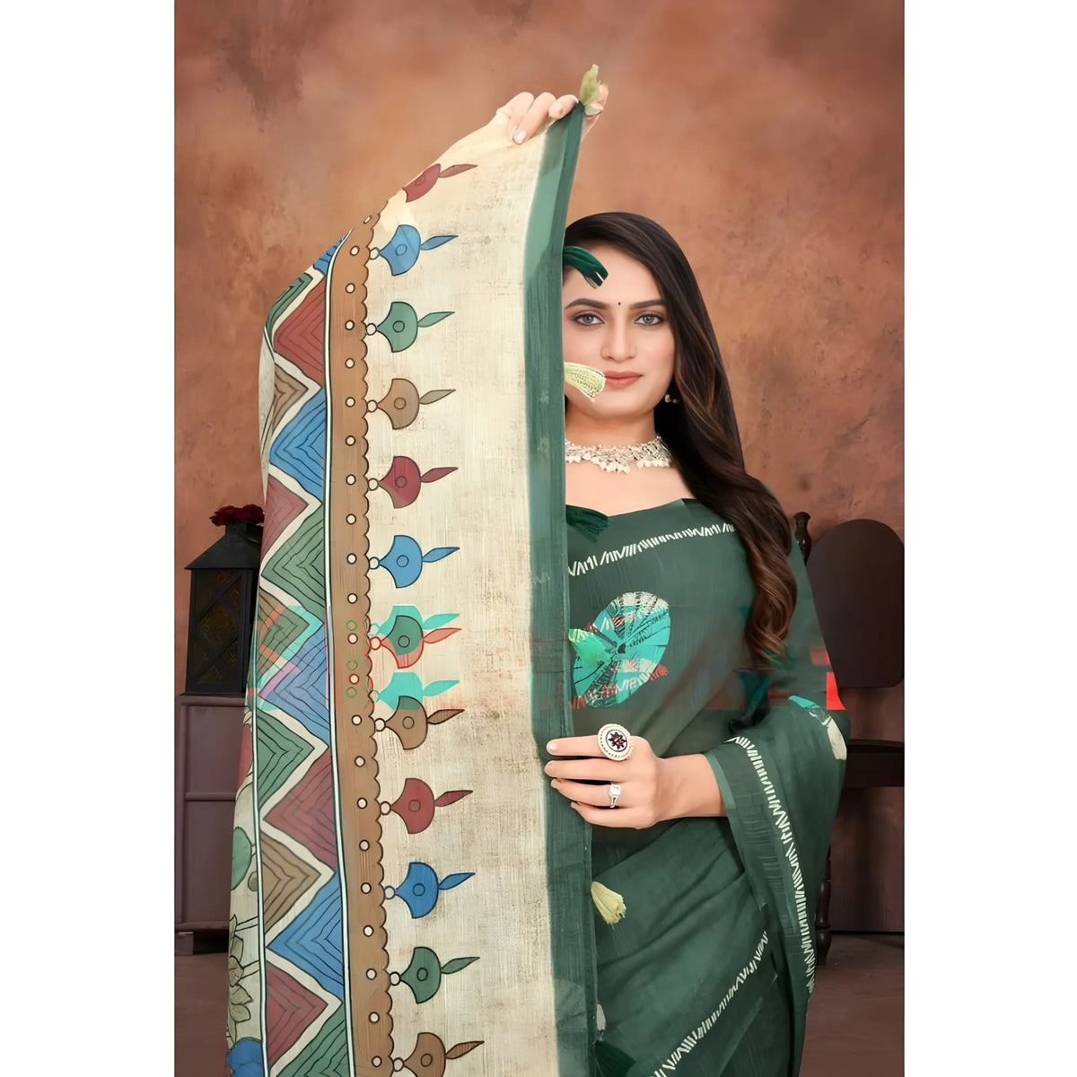 Women's Linen Printed Saree With Unstitched Blouse 5.5Mtr (Dark Green)