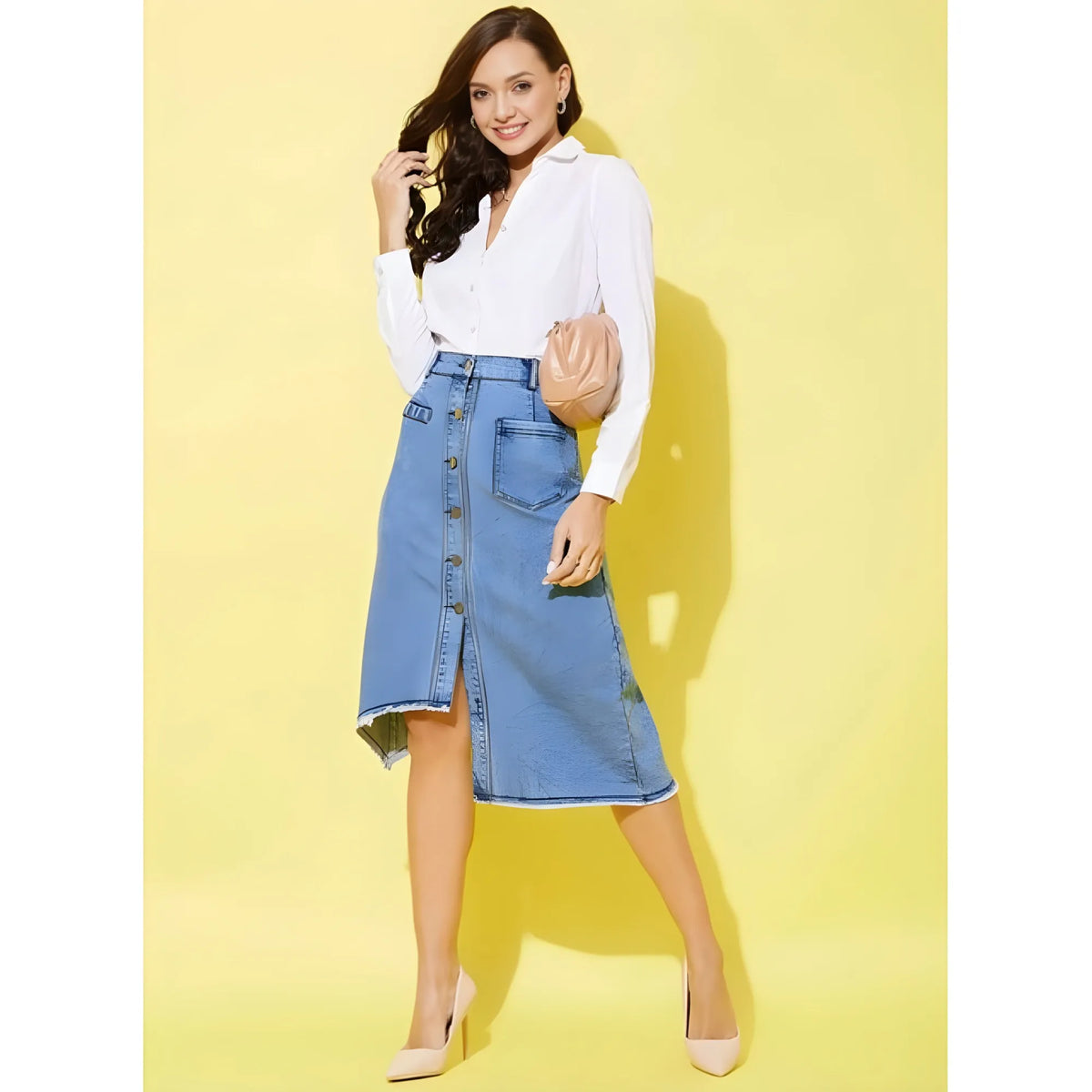 Women's Denim Hi Lo Buttoned Skirt (blue) | Women Signature Collection