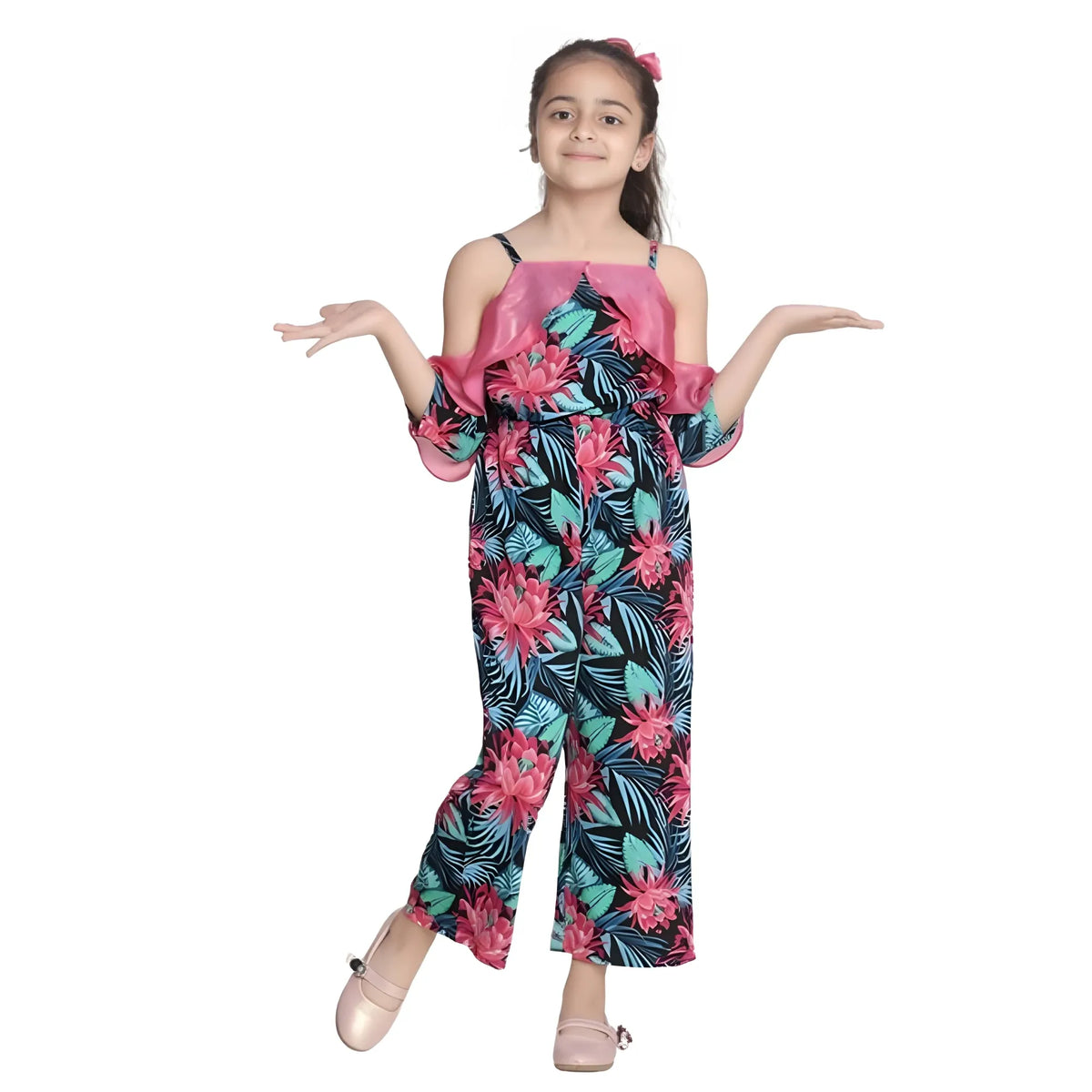 Girl's Polyester Floral Cold Shoulder Jumpsuit (pink) | Kids Signature Collection