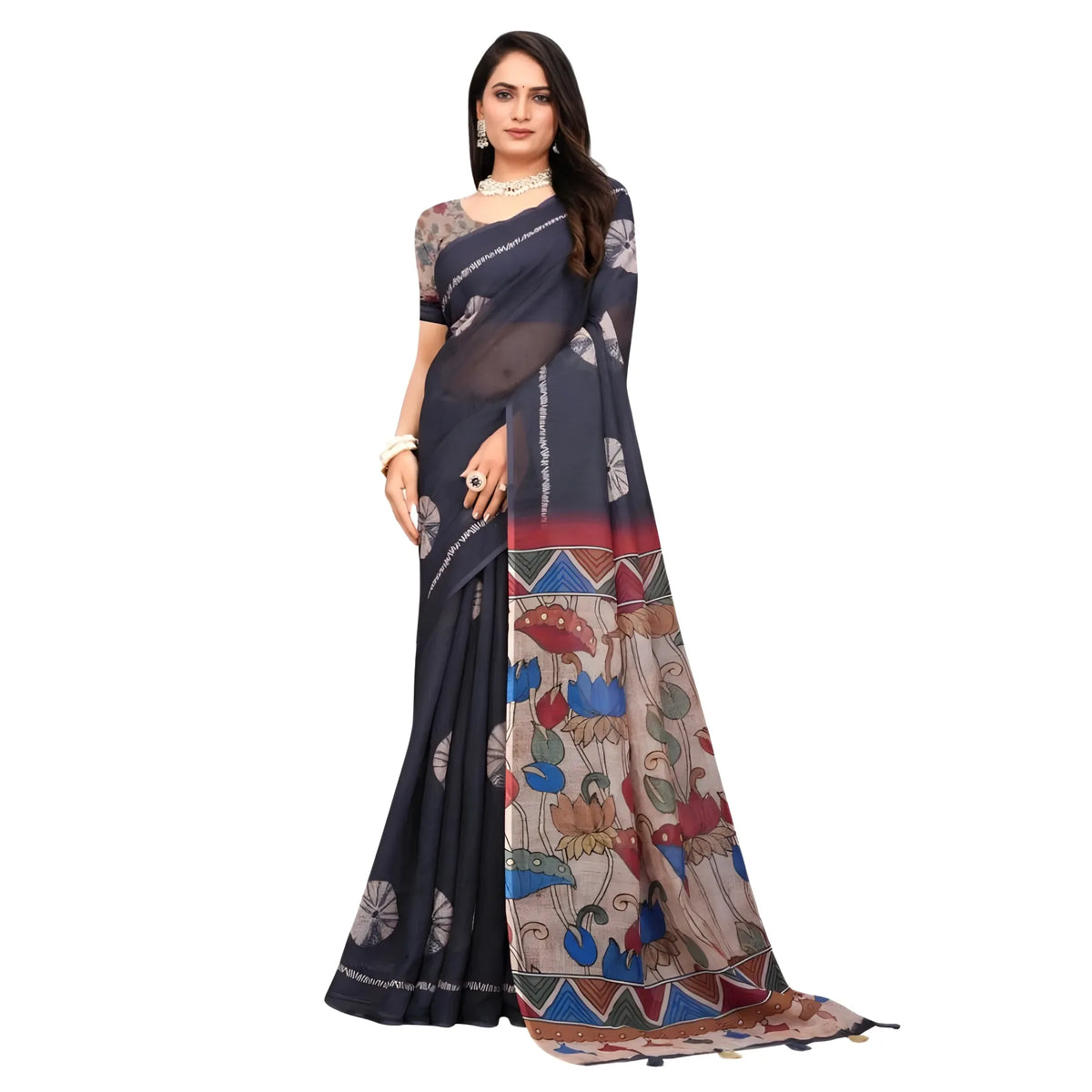 Women's Linen Printed Saree With Unstitched Blouse 5.5Mtr (Black)