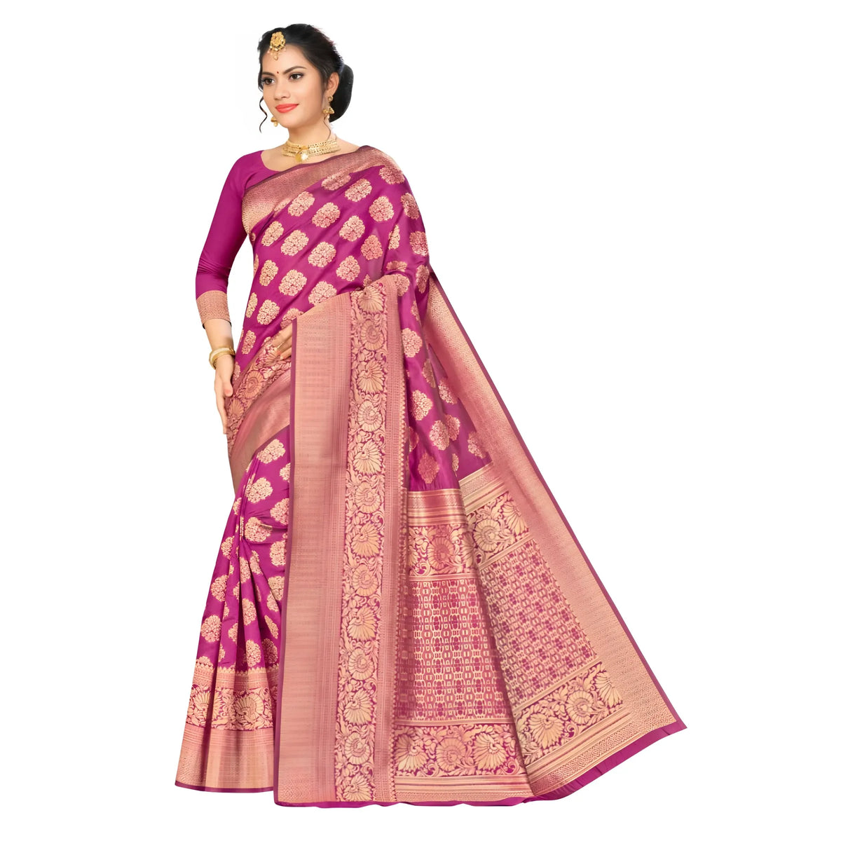 Women's Banarasi silk Saree with Blouse (Wine, 5-6mtr)