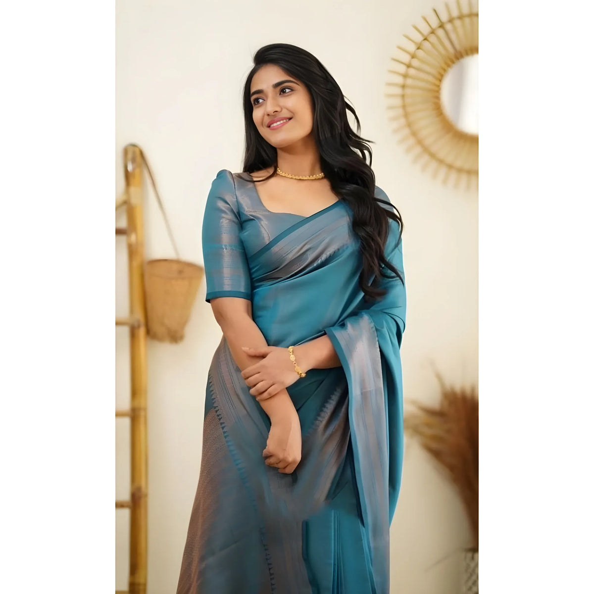 Women's Litchi silk Printed Saree With Unstitched Blouse (Rama Blue)