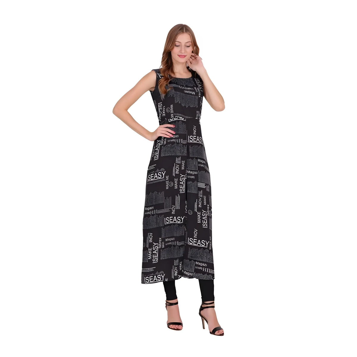 Women's Casual Crepe Sleeveless Slit Dress (Black)