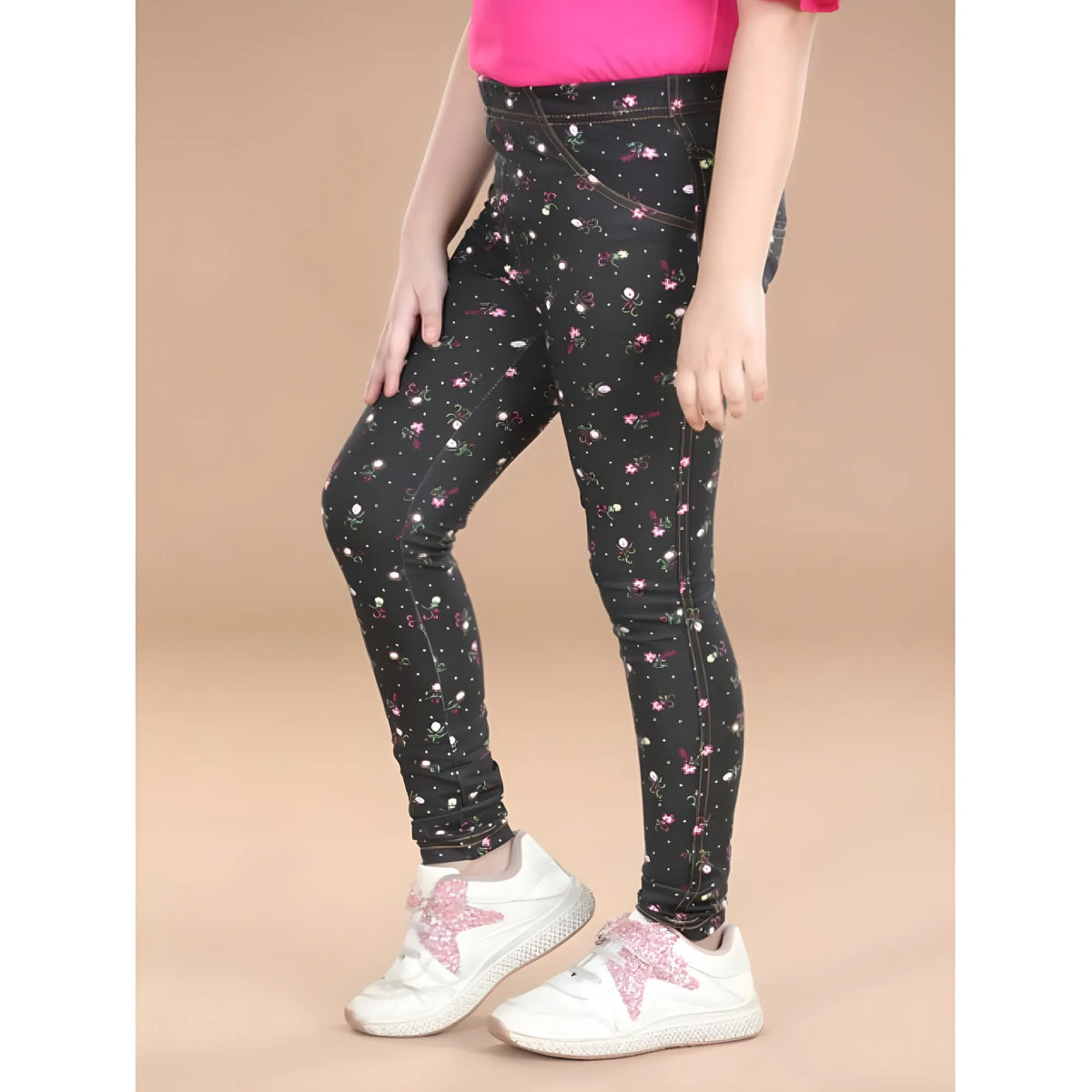Girl's Cotton Lycra Floral Elasticated Jeggings (Multicolor)