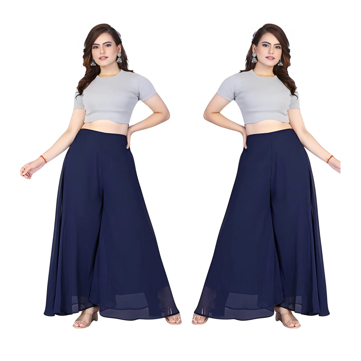 Women's Pack of 2 Georgette Solid High Rise Wide Leg Flared Palazzos with Elastic Waist (Navy Blue)